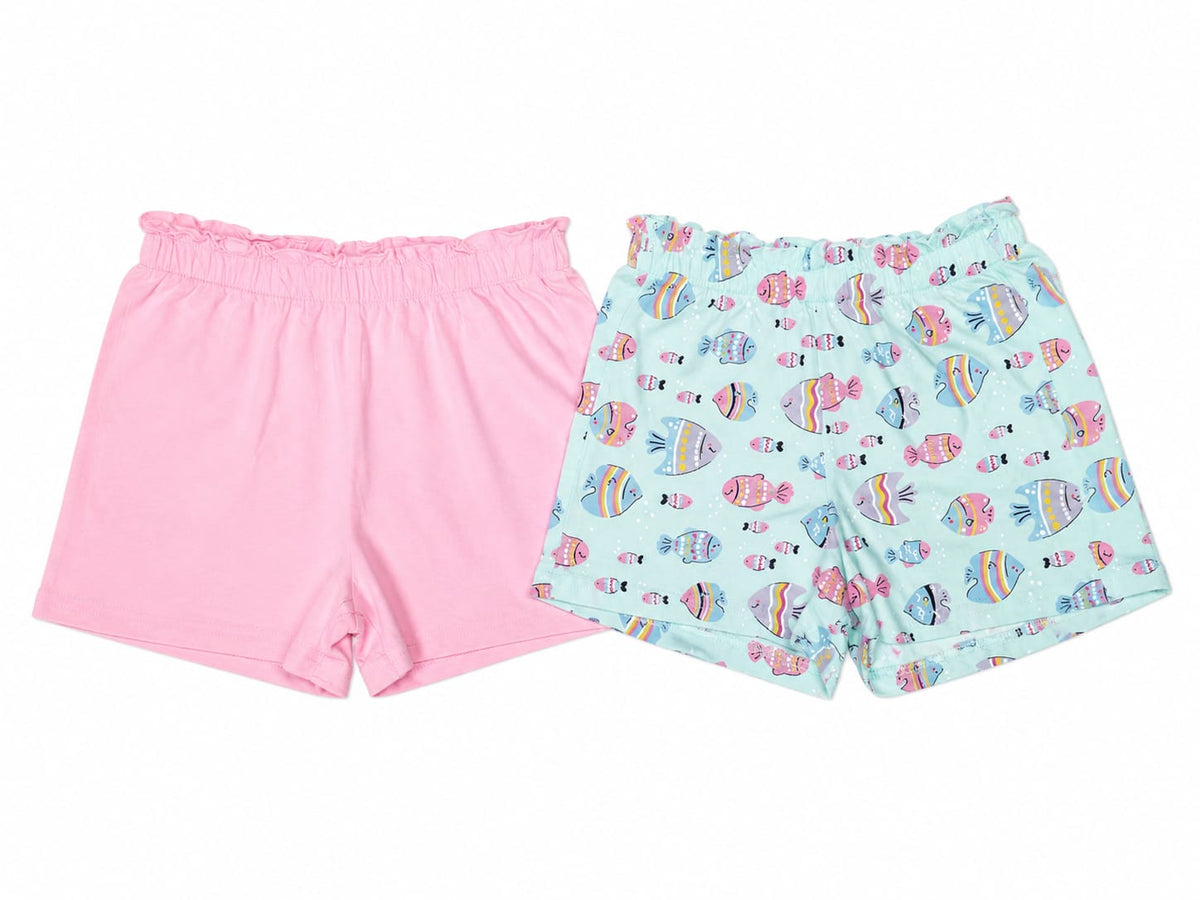 Set 2 pantaloni scurți fete, roz și mentă cu peștișori – noi cu etichetă