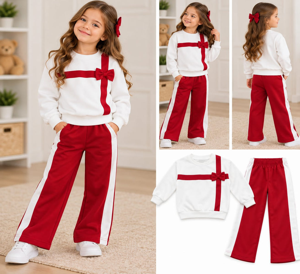 Compleu fetițe alb-roșu cu fundiță – bluză și pantaloni