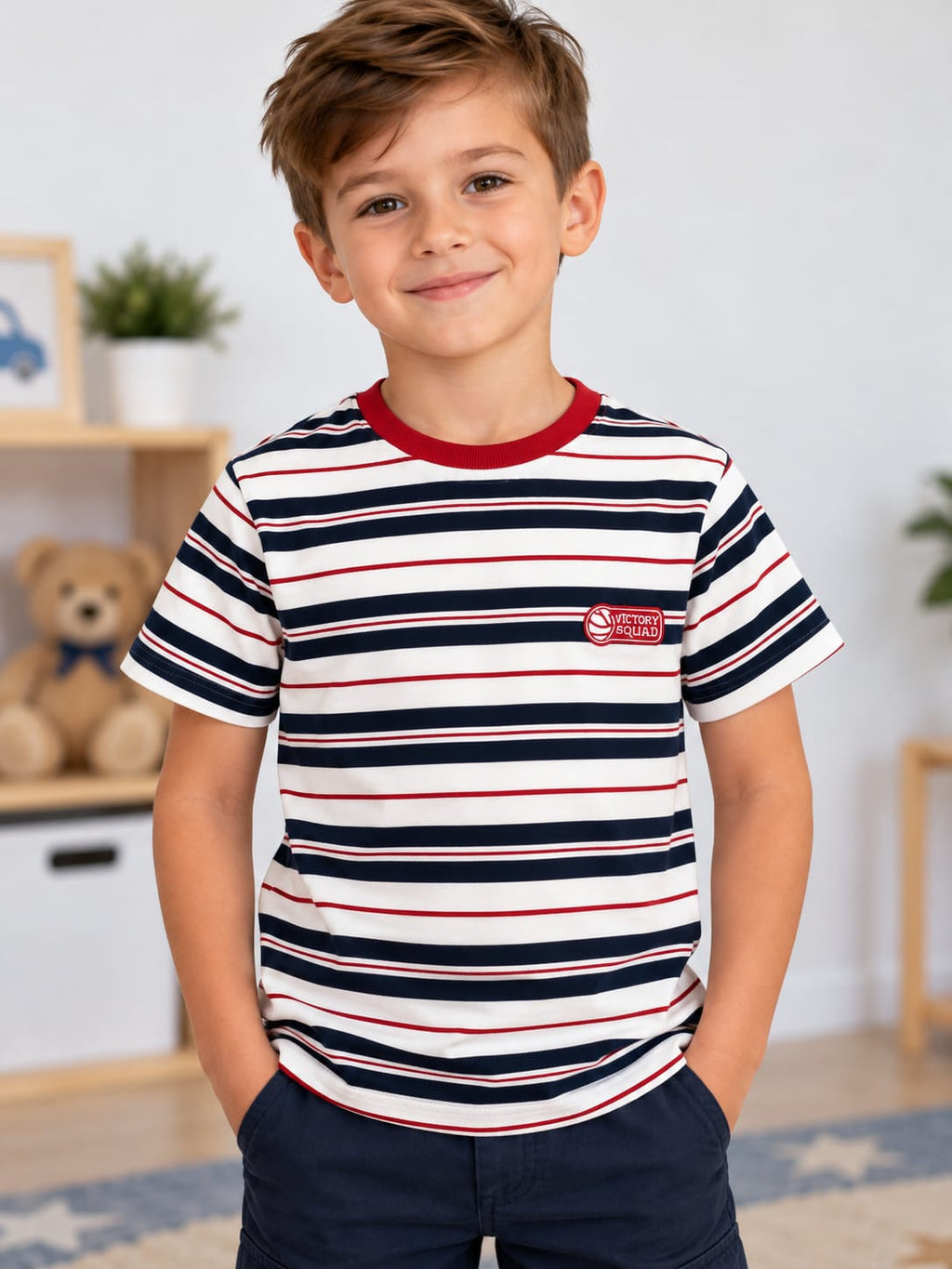 Tricou băieți în dungi bleumarin, alb și roșu – mânecă scurtă