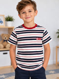 Tricou băieți în dungi bleumarin, alb și roșu – mânecă scurtă