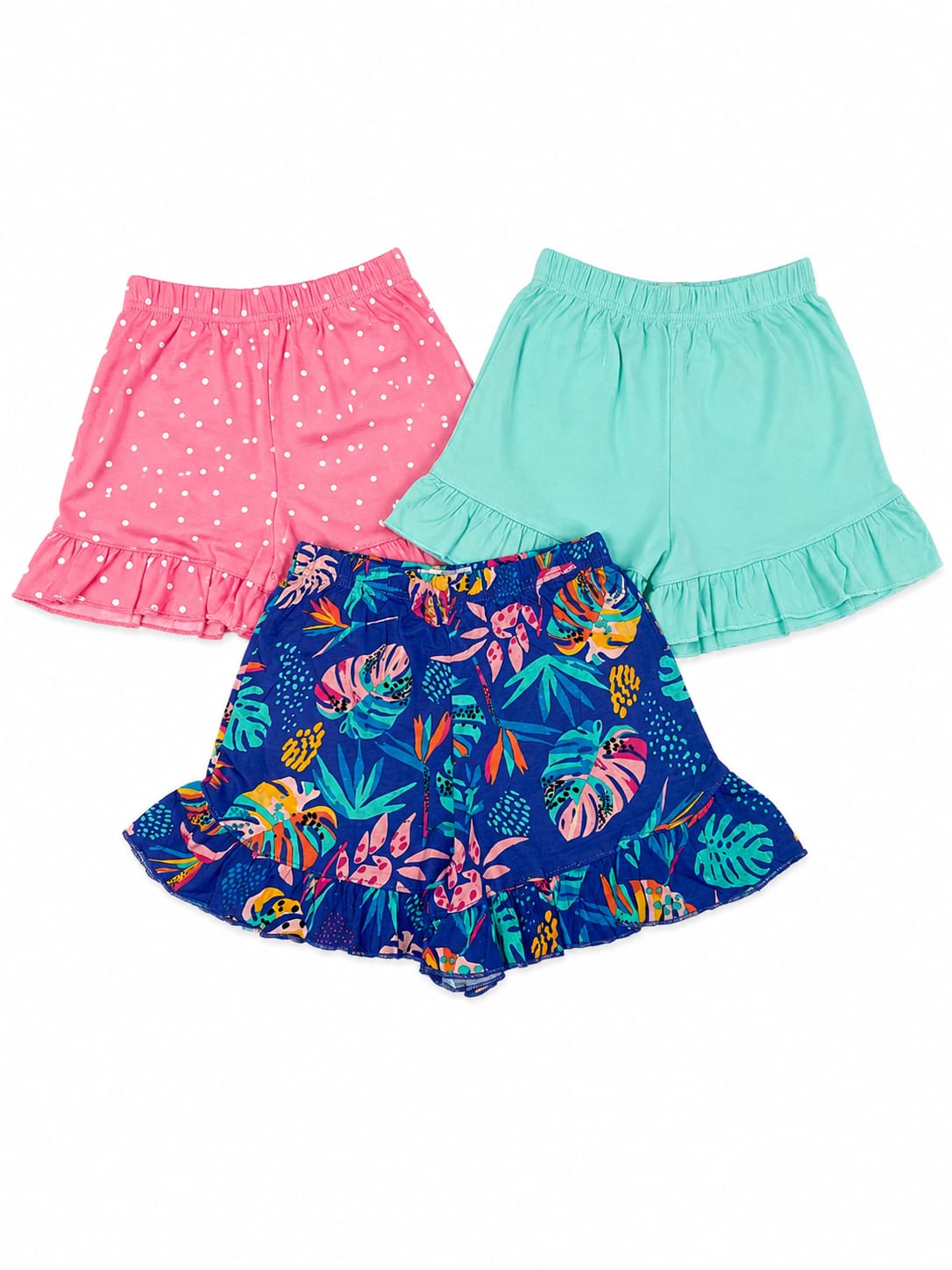 Set 3 pantaloni scurți fete cu volănașe – multicolor – noi cu etichetă