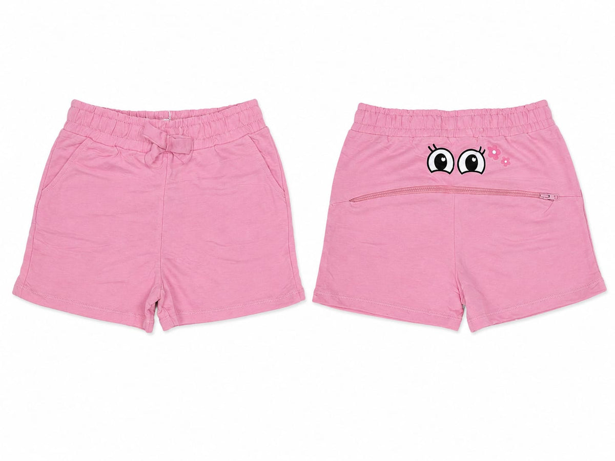 Pantaloni scurți fete roz cu fundiță și imprimeu vesel – noi cu etichetă