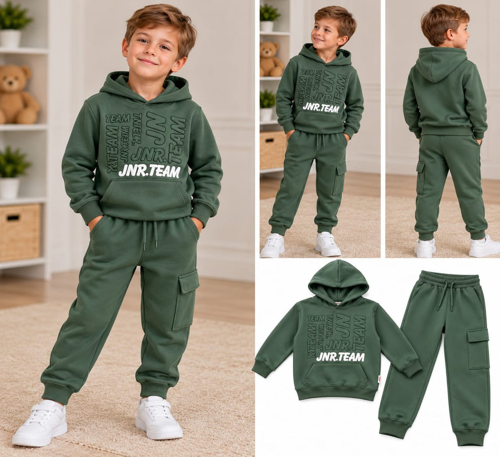 Compleu băieți verde kaki JNR Team cu glugă - 2 piese