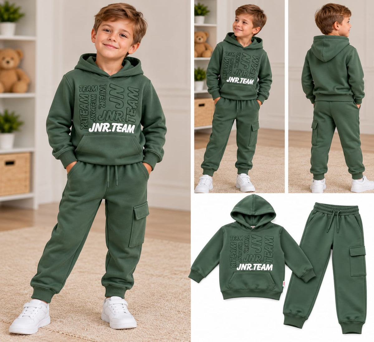 Compleu băieți verde kaki JNR Team cu glugă - 2 piese