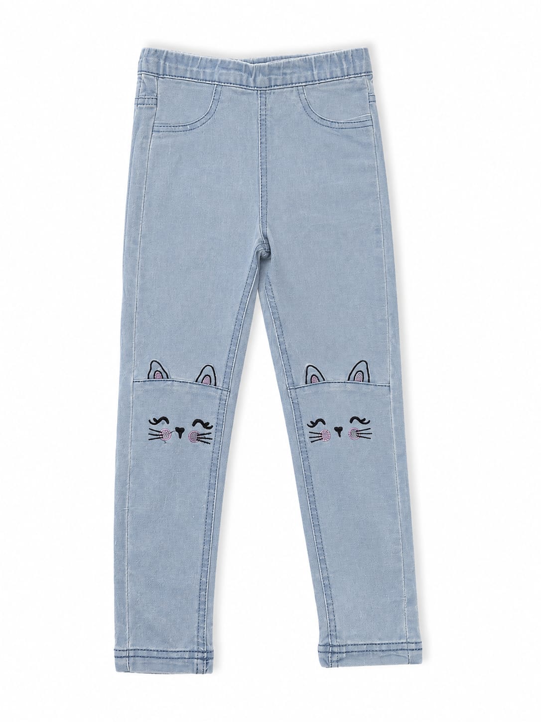 Pantaloni tip jeggings pentru fete, bleu, cu model pisicuță 🐱🩵