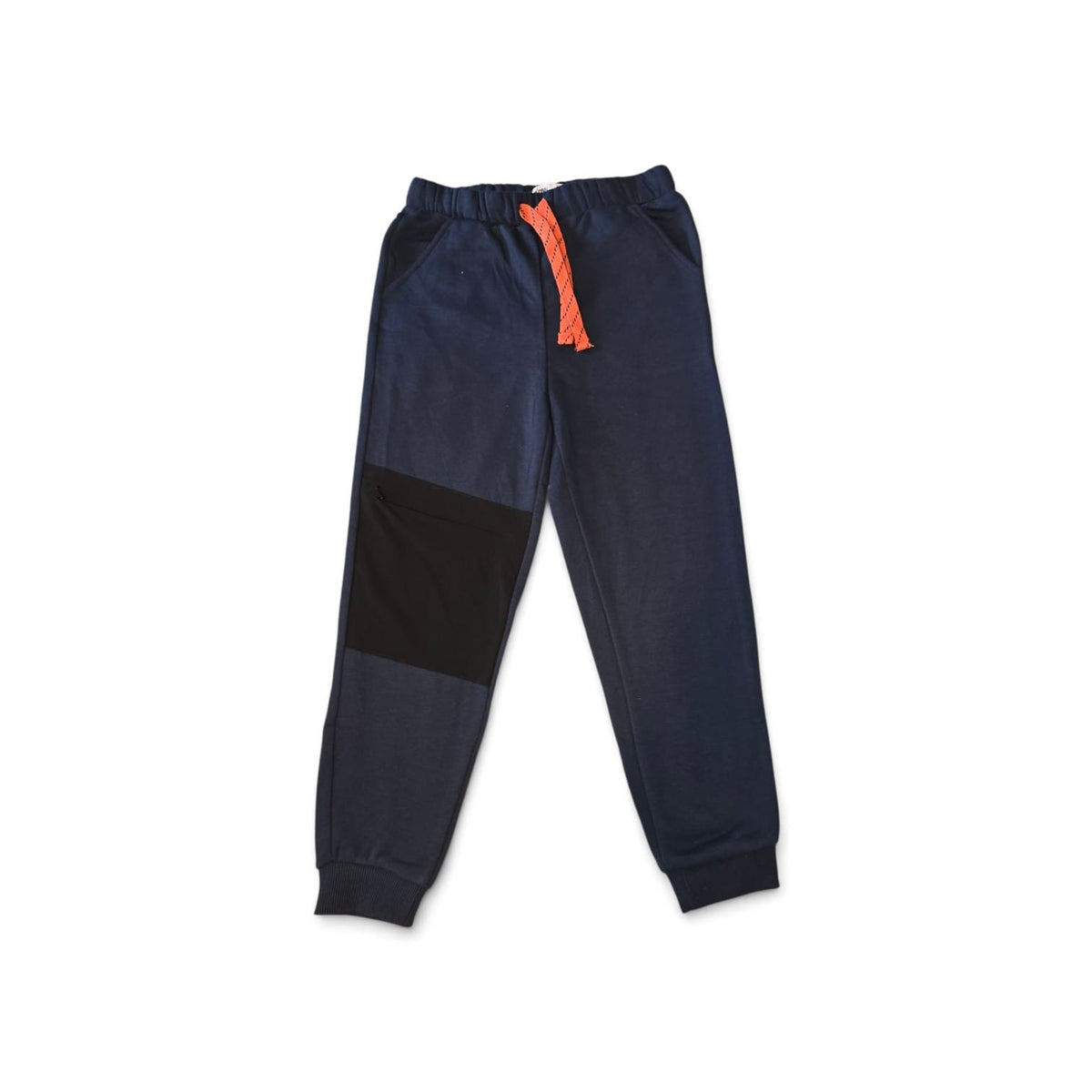 Pantaloni sport băieți – bleumarin cu detalii negre și șnur portocaliu