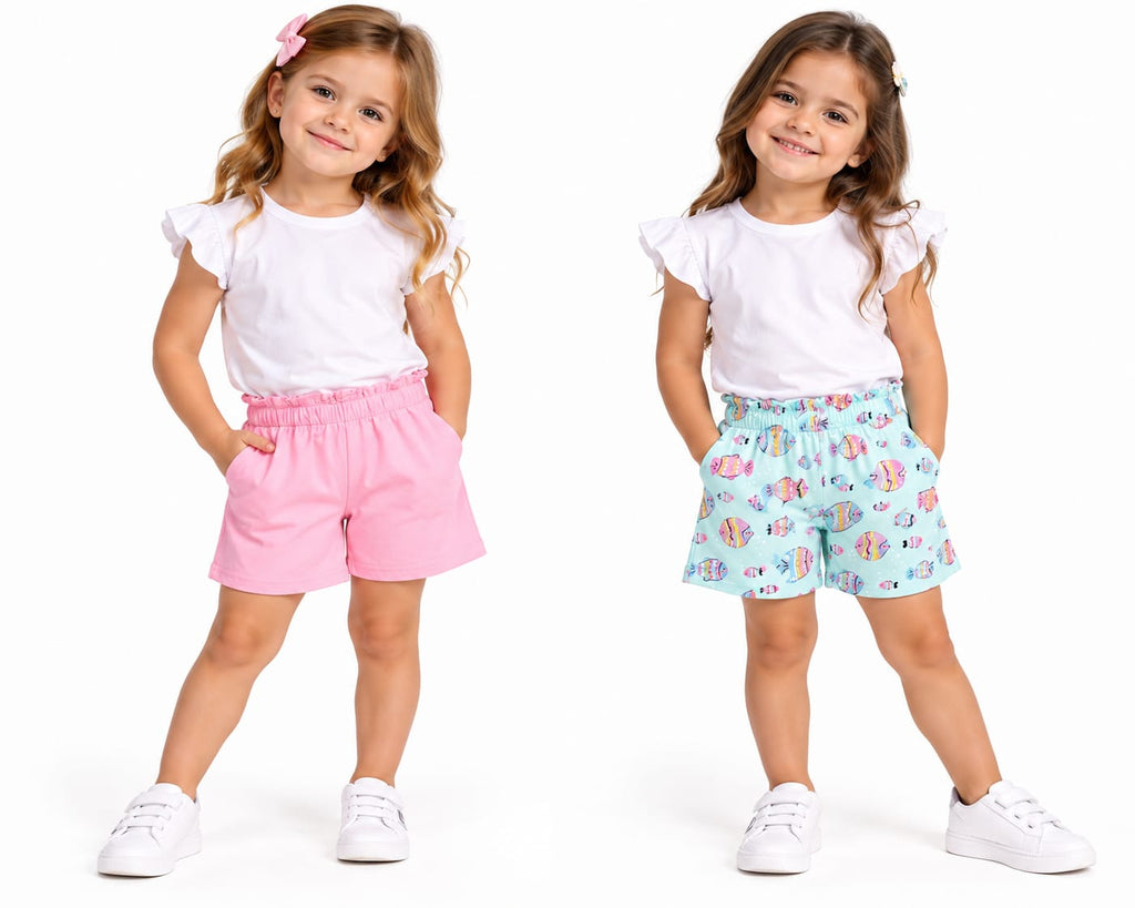 Set 2 pantaloni scurți fete, roz și mentă cu peștișori – noi cu etichetă
