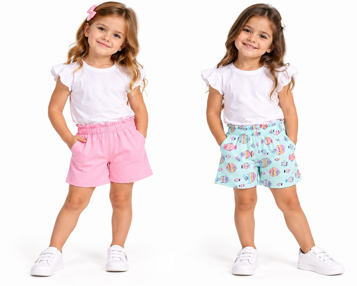 Set 2 pantaloni scurți fete, roz și mentă cu peștișori – noi cu etichetă