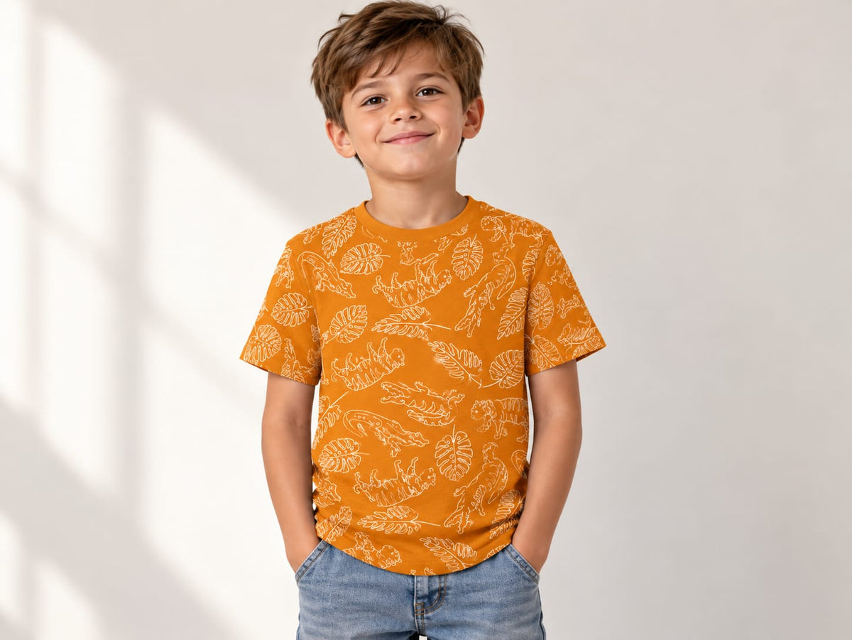 Tricou băieți portocaliu cu imprimeu tigri și frunze tropicale