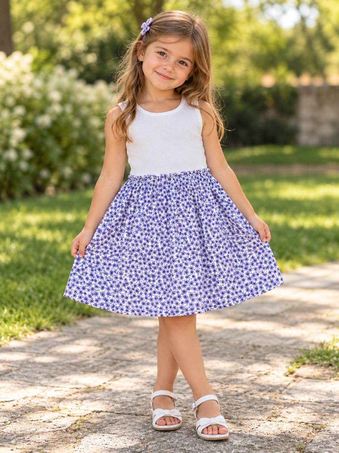 Rochie fete albă cu fustă florală mov – nouă cu etichetă