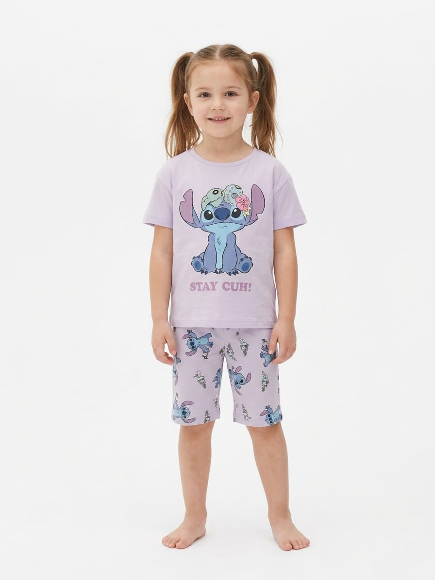 Compleu fete Disney Stitch – tricou alb + pantaloni scurți roz
