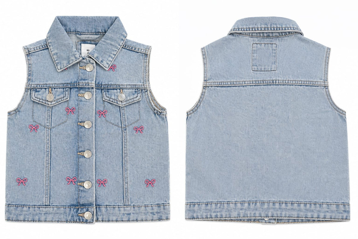 Vestă din denim pentru fetițe, cu fundițe roz