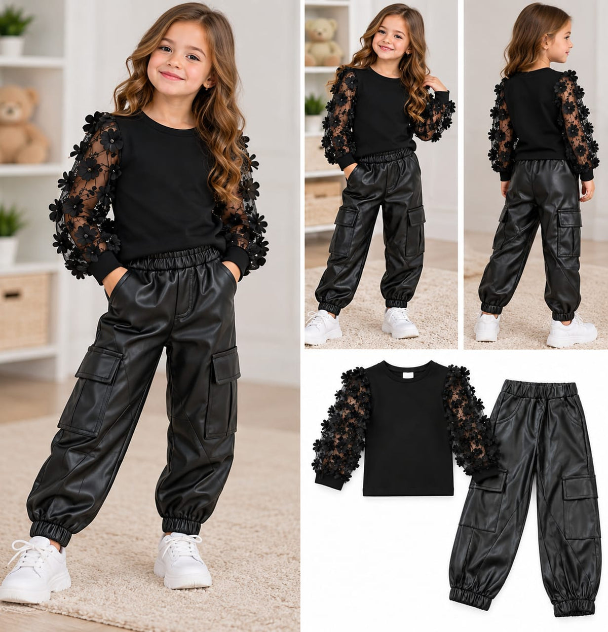 Compleu fete negru cu pantaloni efect piele și bluză cu mâneci florale